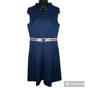 Ellen Tracy Navy Midi Dress with Belt, 10
